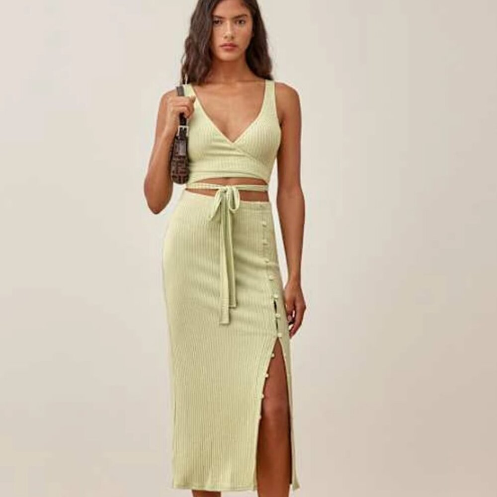 Reformation Johnny Knit Set (Wrap Top and Skirt) | Green